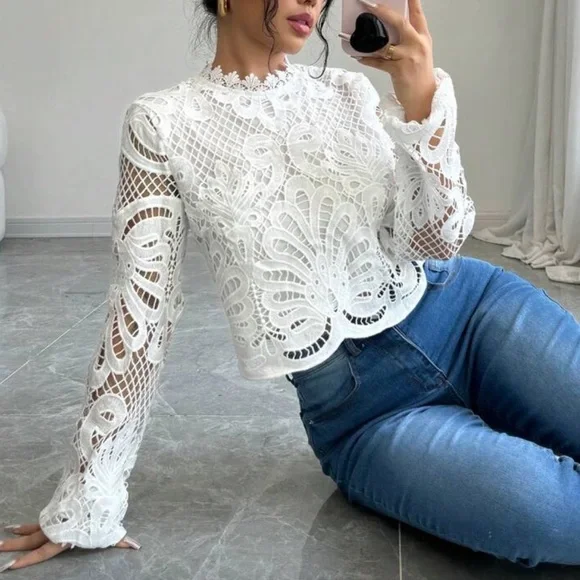 White Lace Long Sleeve Top - Picture 5 of 6